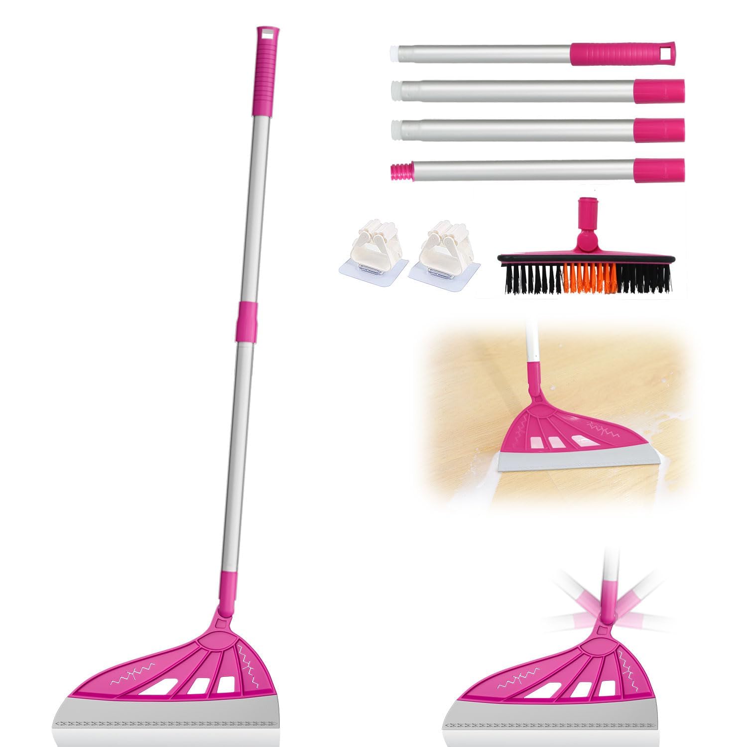 Magic Broom with V-Shape Brush 2 in 1 Squeegee Broom for Floor Cleaning 60” Long Handle Silicone Broom Sets to Clean pet Hair Ketchup Glass Shards Pink