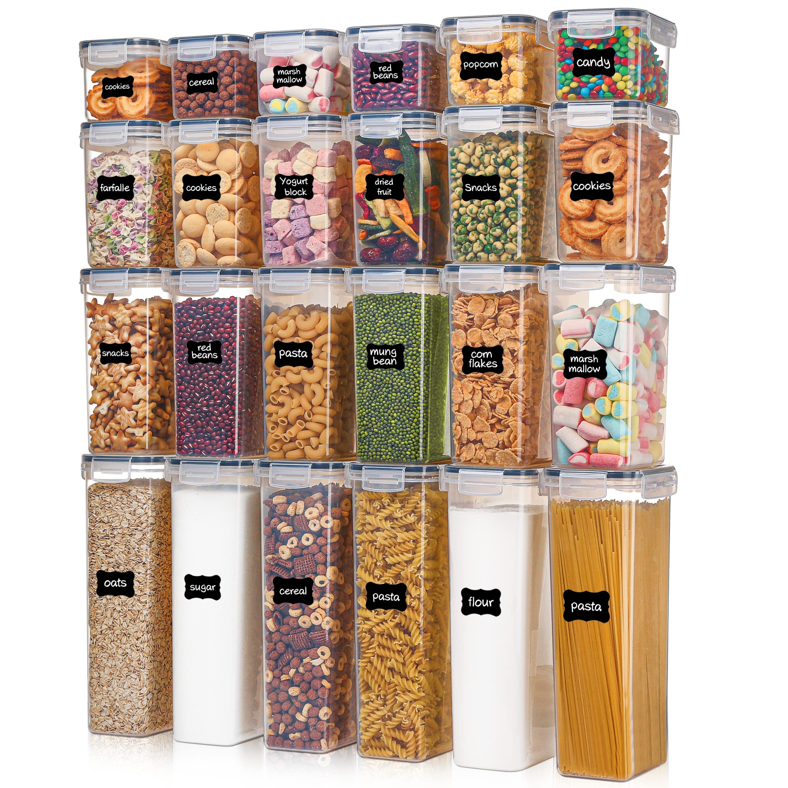 Airtight Food Storage Containers with Lids Vtopmart 24 pcs Plastic Kitchen and Pantry Organization Canisters for Cereal Dry Food Flour and Sugar BPA Free Includes 24 Labels，Black