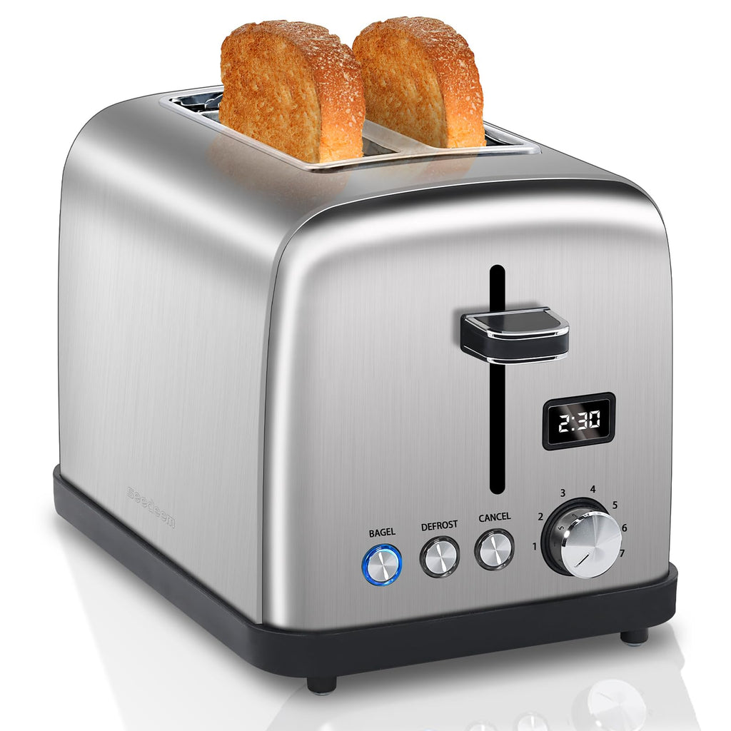 SEEDEEM Toaster 2 Slice Stainless Steel Bread Toaster LCD Display 7 Shade Setting 1.4 Wide Slots Digital Toaster for Bagel Defrost Reheat Function Removable Crumb Tray 900W Silver Metallic