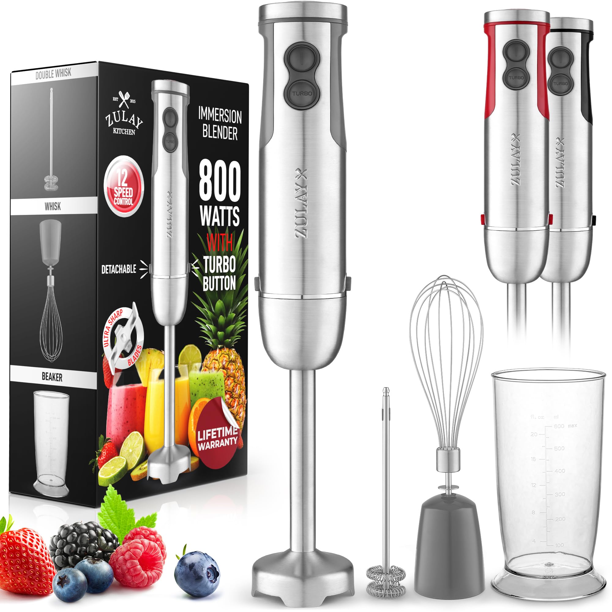 Zulay 3-in-1 Immersion Blender Handheld - 800 Watt Hand Blender With 12 Speeds - Durable Stick Blender With Whisk Frother & Stick Blender Attachments - Gray